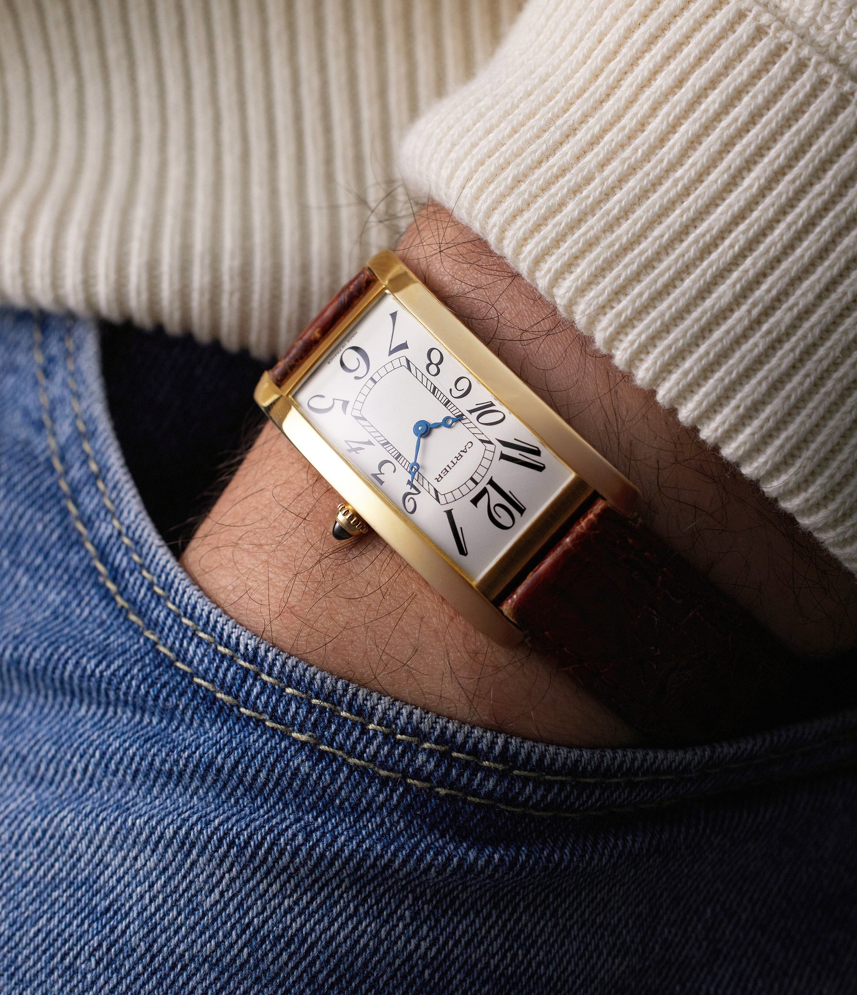 on the wrist Cartier Tank Cintrée 2718 Yellow Gold preowned watch at A Collected Man London