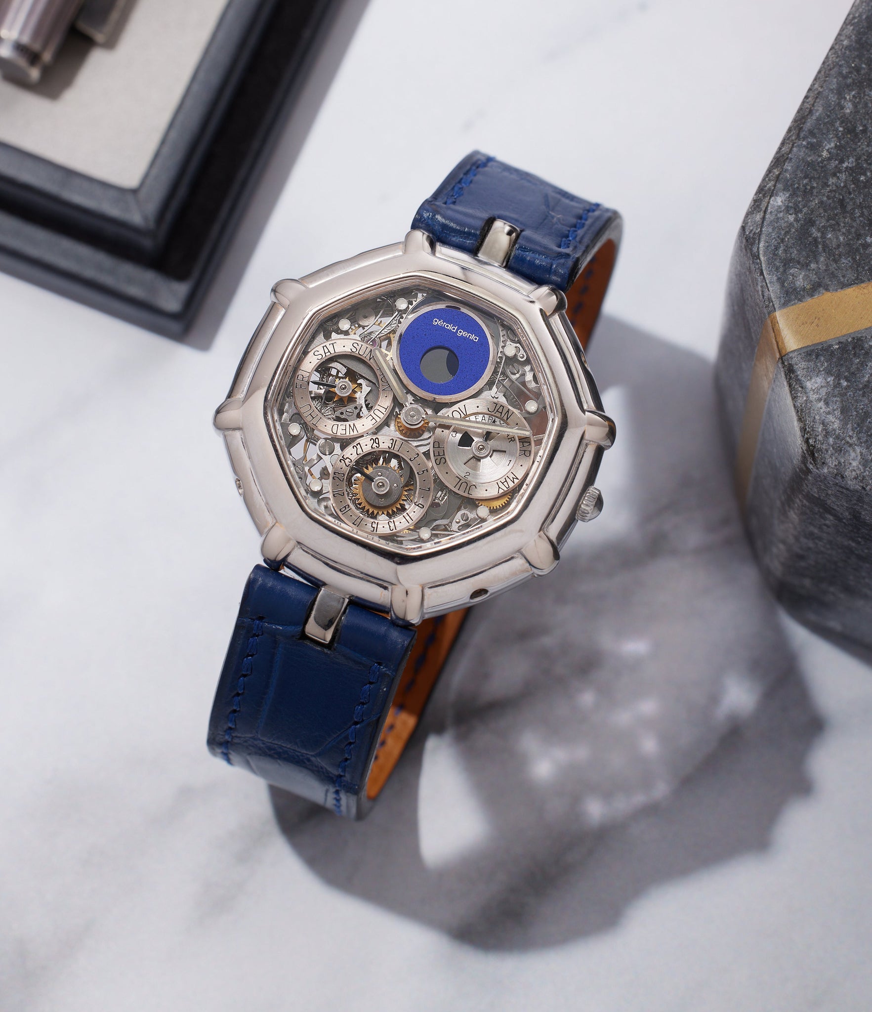 independent watchmaker Gerald Genta Perpetual Calendar  Platinum preowned watch at A Collected Man London