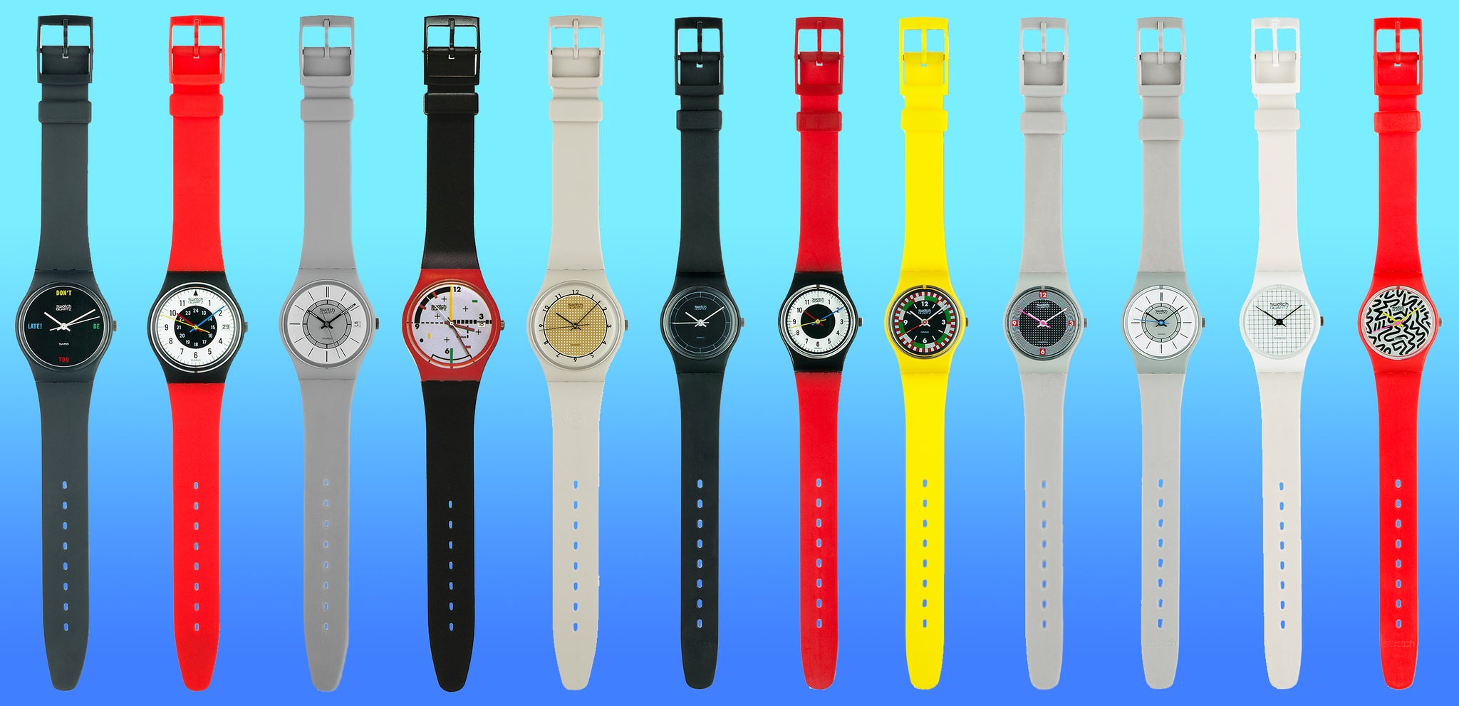 Twelve varying Swatch watches in multiple colours like pink, white, yellow, and black, with a variety of coloured dials
