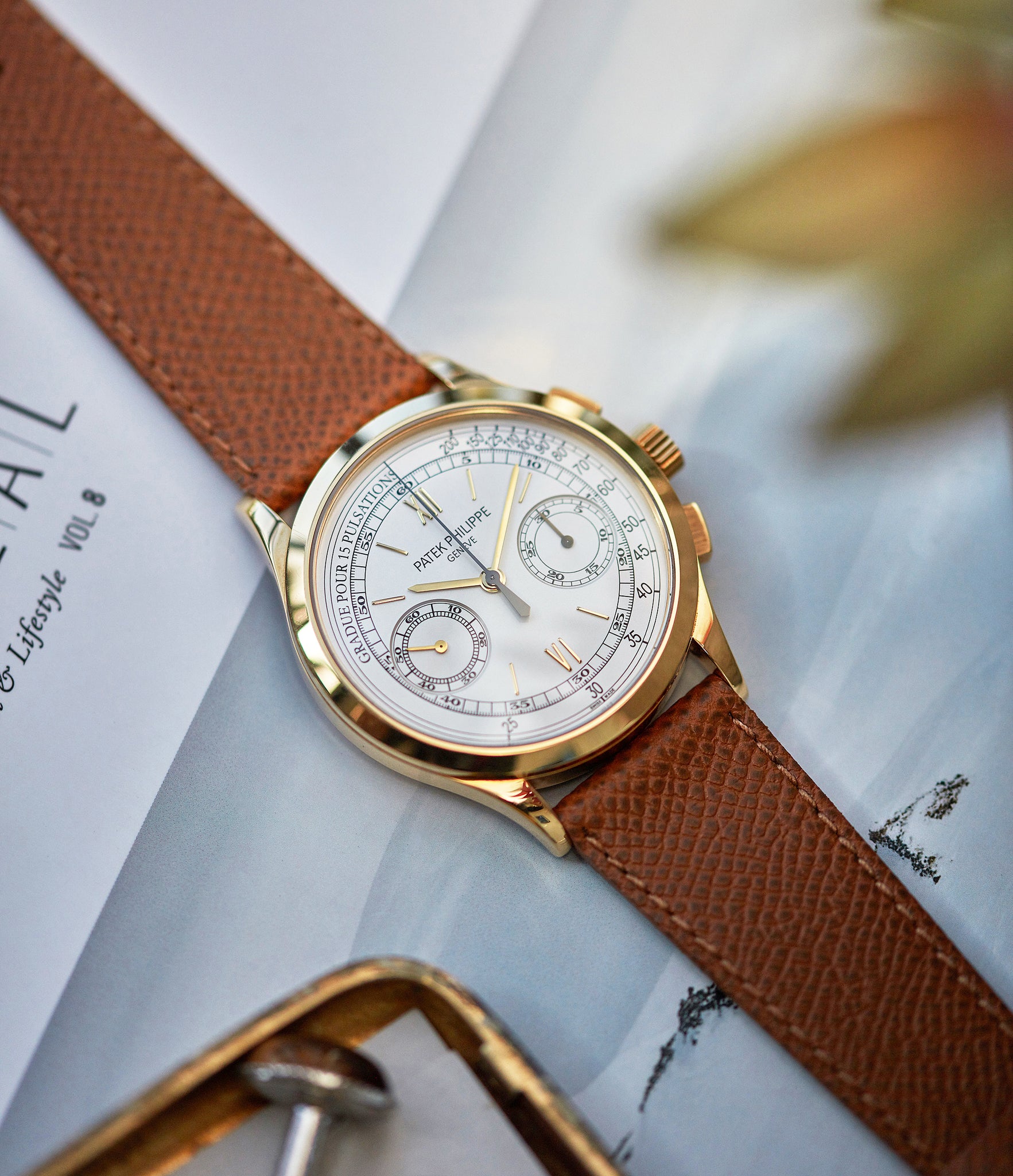 hands-on with Patek Philippe 5170J-001 Chronograph yellow gold dress pre-owned watch for sale online at A Collected Man London UK specialist of rare watches