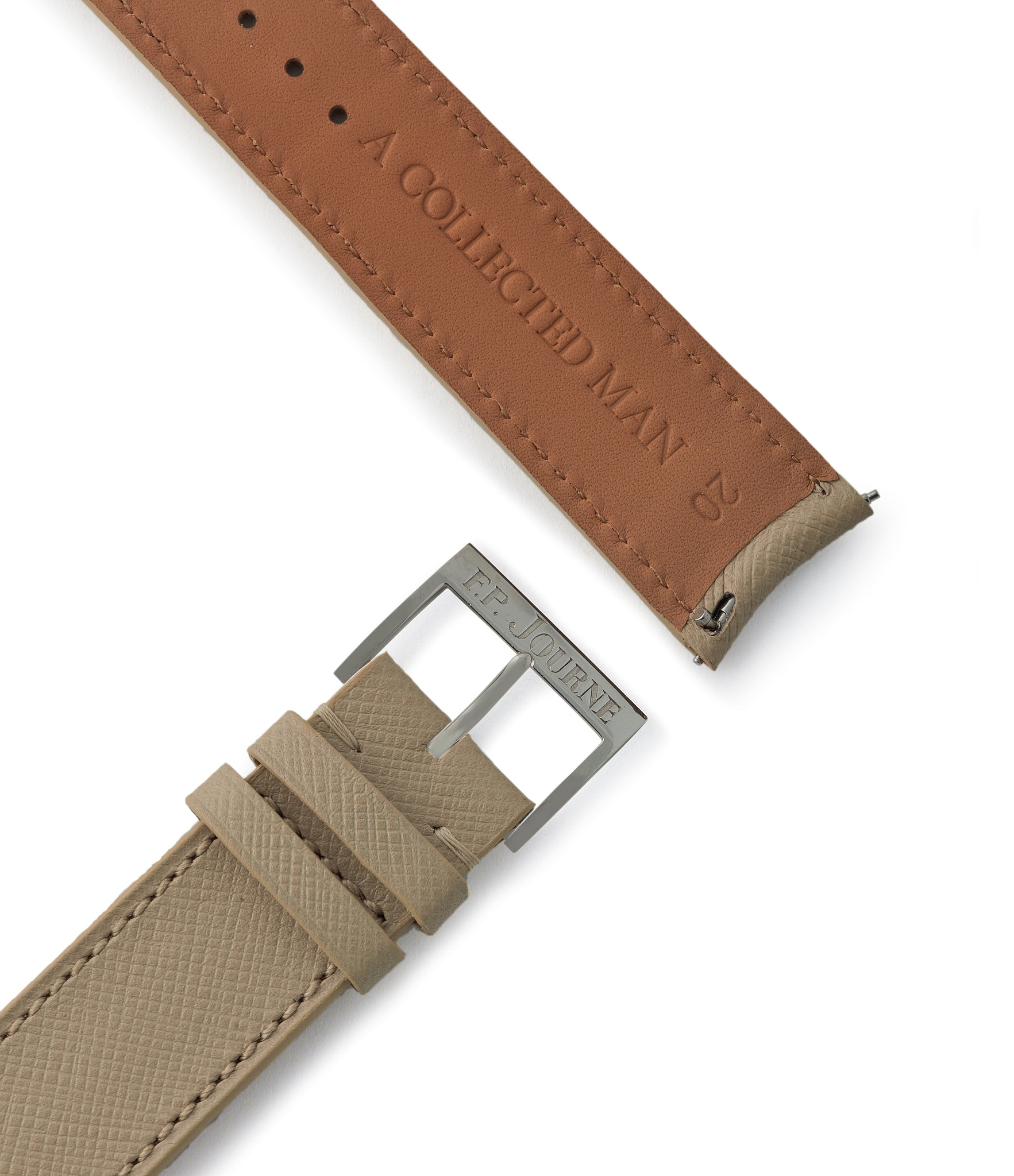 Buy saffiano quality watch strap in desert beige from A Collected Man London, in short or regular lengths. We are proud to offer these hand-crafted watch straps, thoughtfully made in Europe, to suit your watch. Available to order online for worldwide delivery.