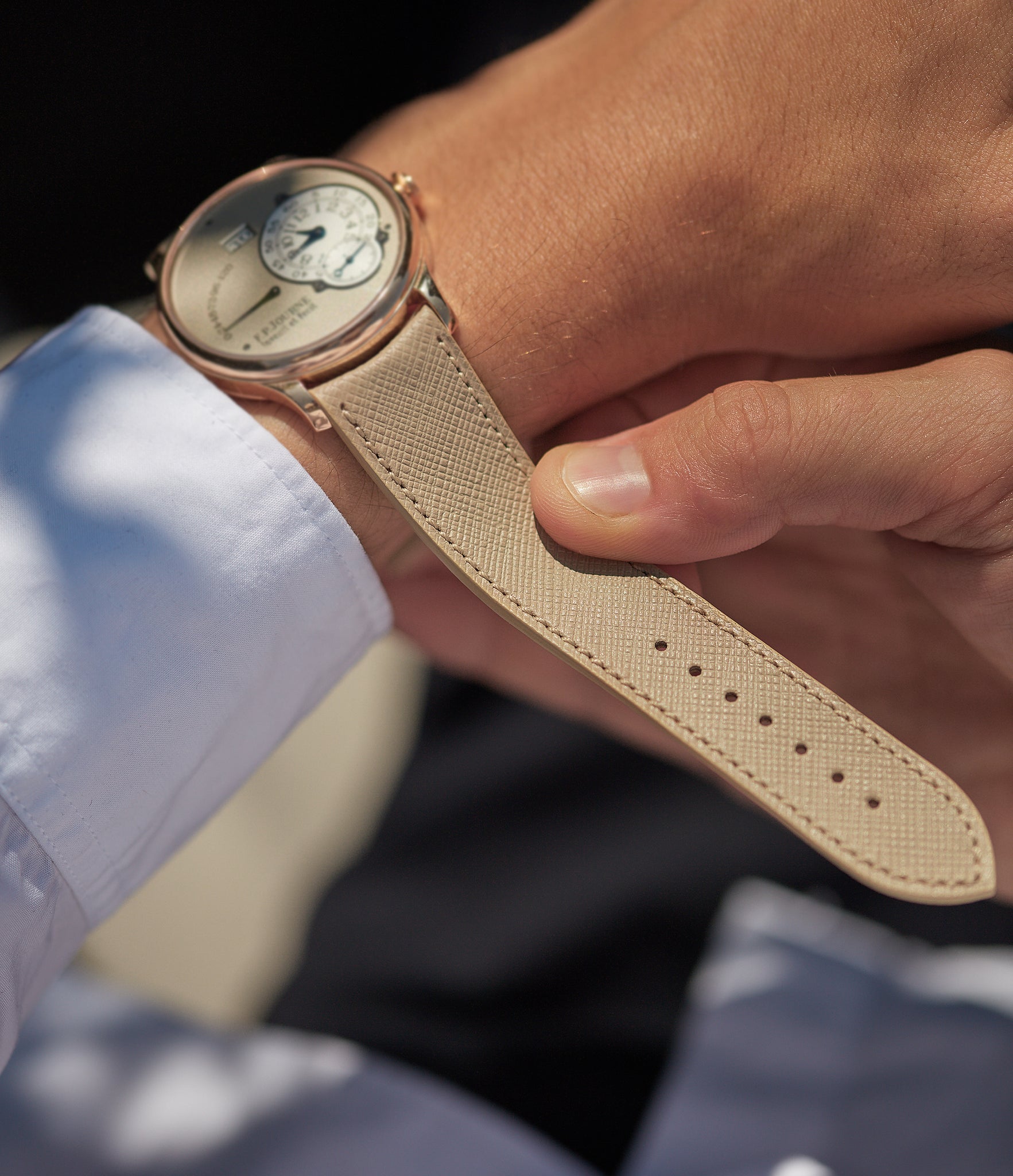 Buy saffiano quality watch strap in desert beige from A Collected Man London, in short or regular lengths. We are proud to offer these hand-crafted watch straps, thoughtfully made in Europe, to suit your watch. Available to order online for worldwide delivery.