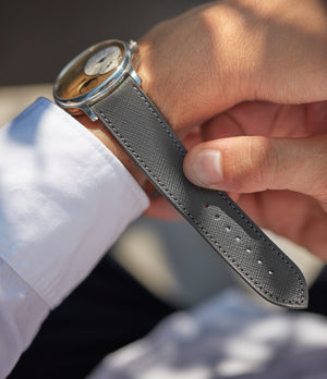 Purchase 20mm x 19mm Hong Kong Molequin curved watch strap Saffiano grey calfskin leather quick-release springbars buckle handcrafted European-made for sale online at A Collected Man London