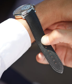 Order 20mm x 19mm Singapore Molequin F. P. Journe curved watch strap Saffiano black calfskin leather quick-release springbars buckle handcrafted European-made for sale online at A Collected Man London