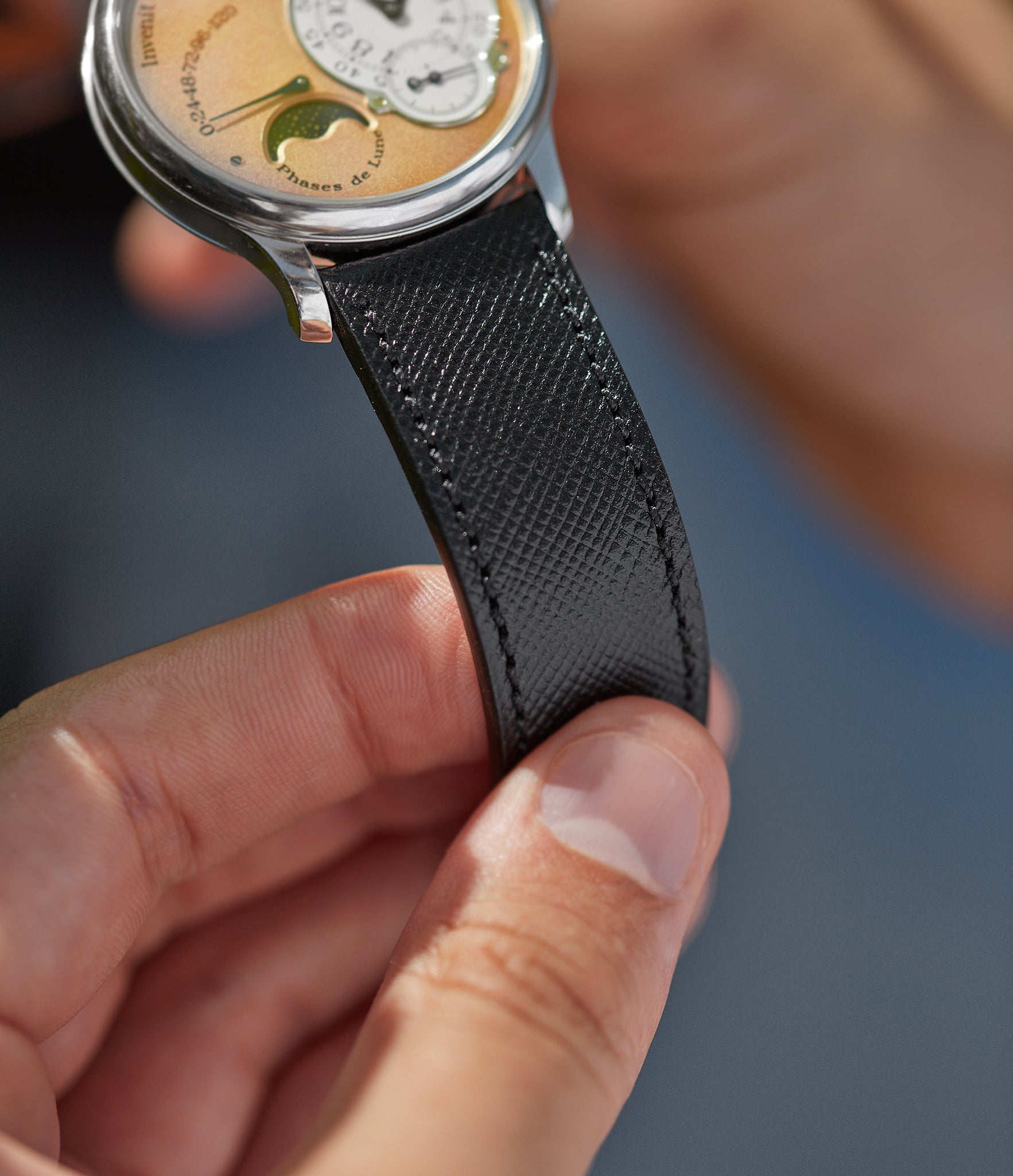 Selling 20mm x 19mm Singapore Molequin F. P. Journe curved watch strap Saffiano black calfskin leather quick-release springbars buckle handcrafted European-made for sale online at A Collected Man London