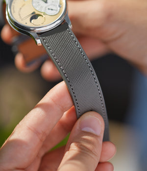 Order 20mm x 19mm Hong Kong Molequin curved watch strap Saffiano grey calfskin leather quick-release springbars buckle handcrafted European-made for sale online at A Collected Man London