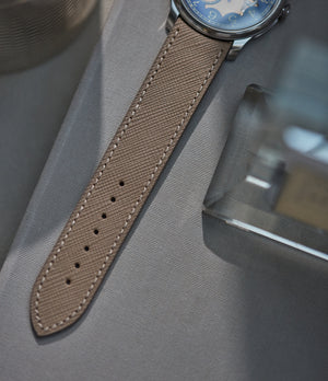 Buy saffiano quality watch strap in driftwood taupe from A Collected Man London, in short or regular lengths. We are proud to offer these hand-crafted watch straps, thoughtfully made in Europe, to suit your watch. Available to order online for worldwide delivery.