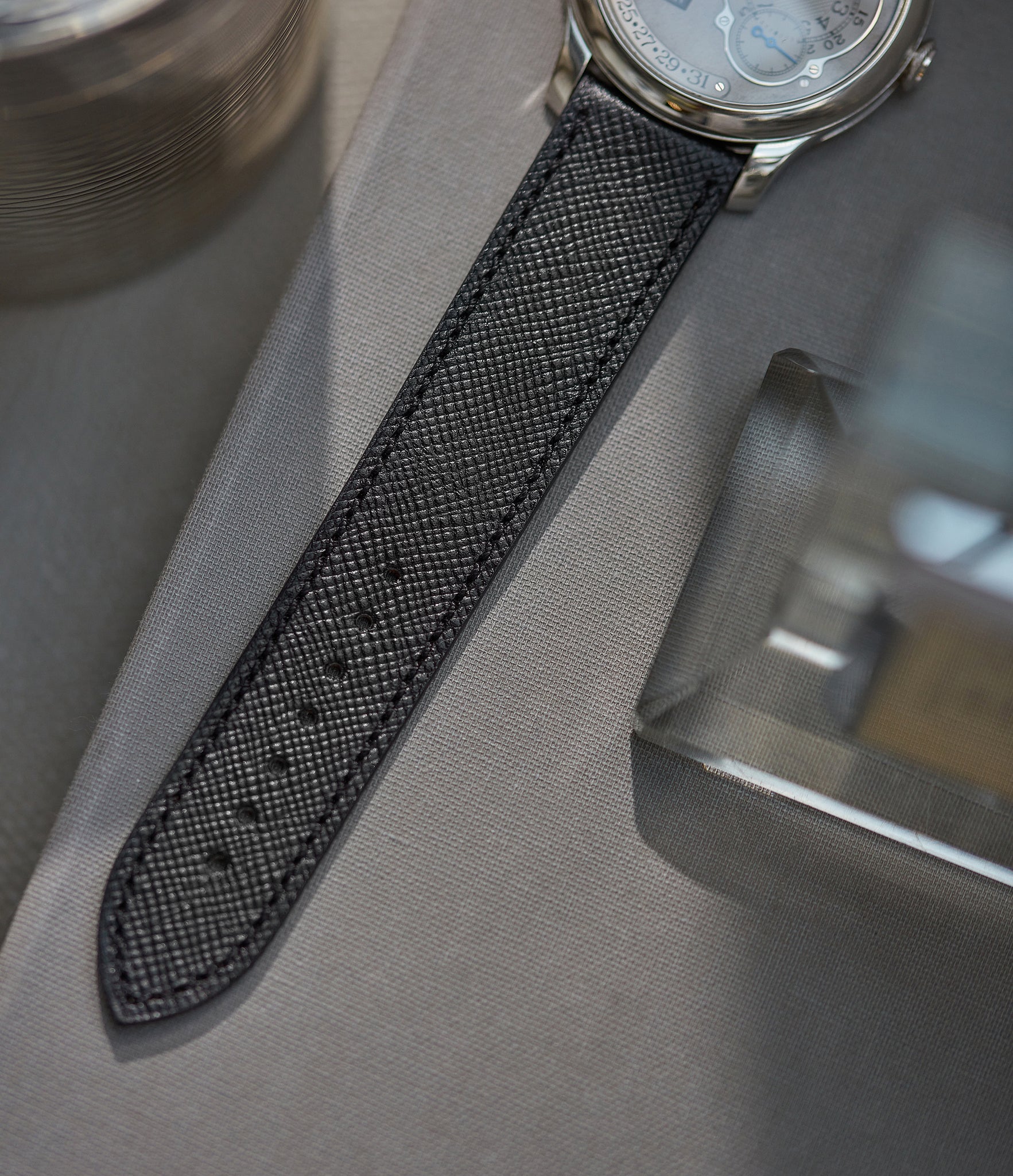 Purchase 20mm x 19mm Singapore Molequin F. P. Journe curved watch strap Saffiano black calfskin leather quick-release springbars buckle handcrafted European-made for sale online at A Collected Man London