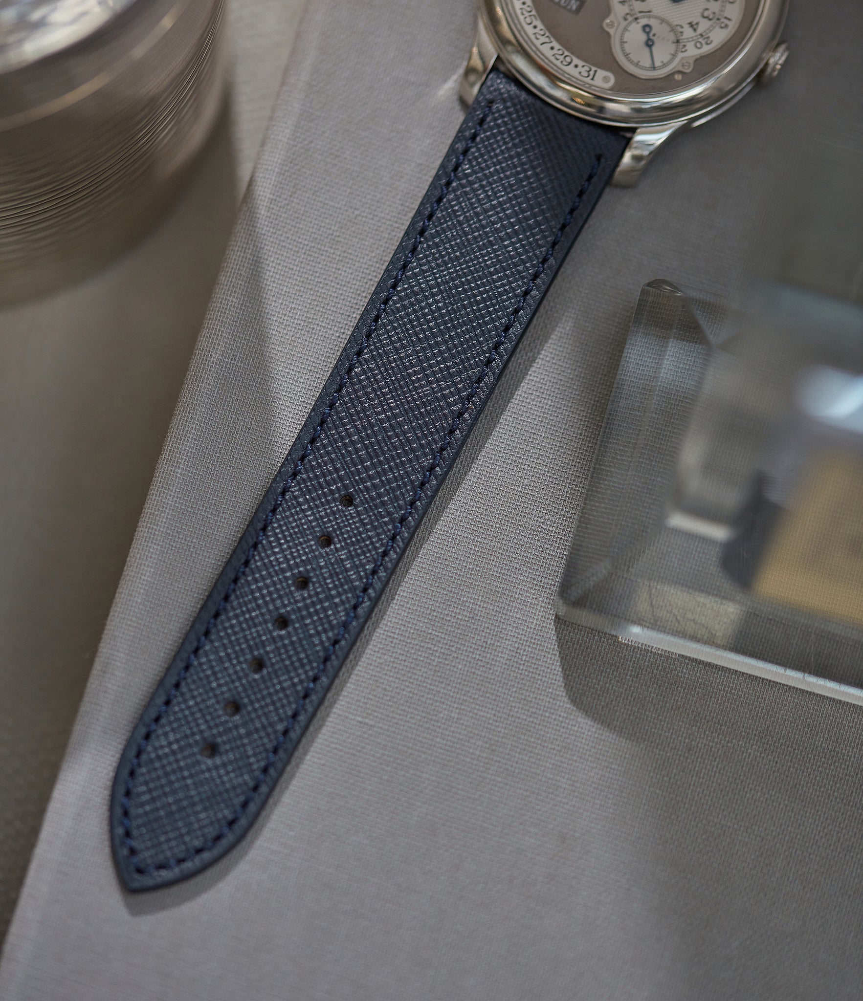 Buy 20mm x 19mm Porto Molequin curved watch strap Saffiano navy blue calfskin leather quick-release springbars buckle handcrafted European-made for sale online at A Collected Man London