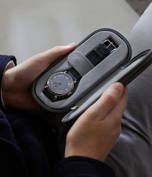 Amsterdam, one-watch One-watch slim pouch in steel grey Saffiano leather | Available World Wide | A Collected Man