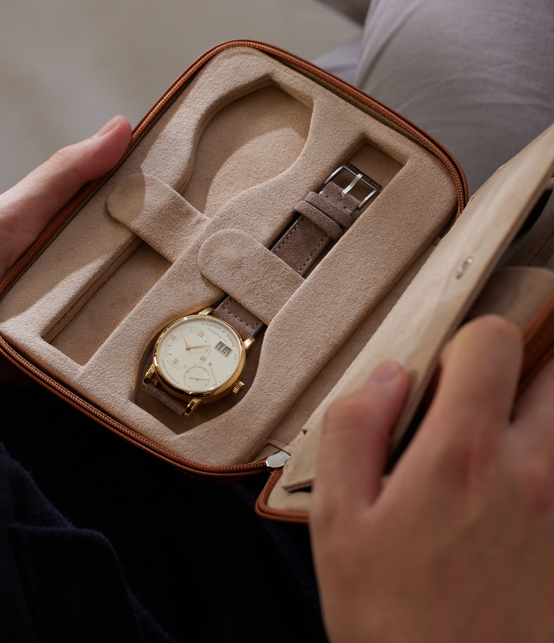 Zurich, four-watch folio Four-watch slim folio in whisky-tan grained leather | Available World Wide | A Collected Man
