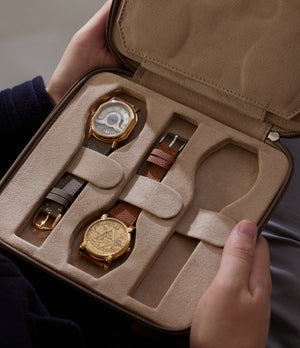 Geneva, six-watch folio Six-watch slim folio in brown taupe nubuck leather | A Collected Man | Available World Wide