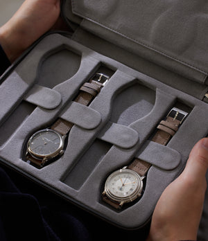 Besançon, eight-watch folio Eight-watch slim folio inin charcoal grey nubuck leather | Available World Wide | A Collected Man