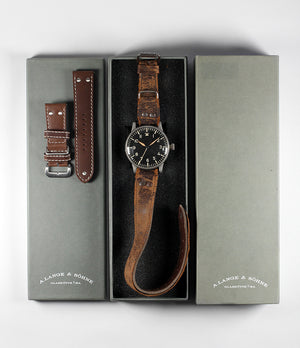 A. Lange & Söhne B-uhr World War II Pilot's Navigator's rare watch  steel manual-winding vintage pre-owned watch with black dial and original brown strap