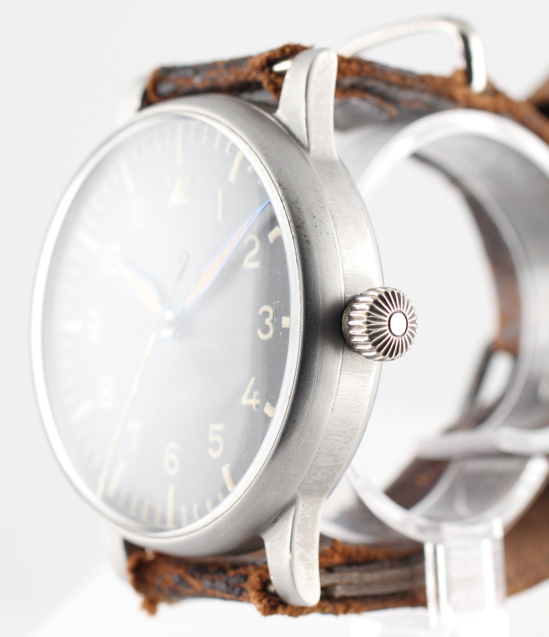A. Lange & Söhne B-uhr World War II Pilot's Navigator's rare watch  steel manual-winding vintage pre-owned watch with black dial and original brown strap