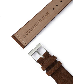Buy suede quality watch strap in muted tan brown from A Collected Man London, in short or regular lengths. We are proud to offer these hand-crafted watch straps, thoughtfully made in Europe, to suit your watch. Available to order online for worldwide delivery.
