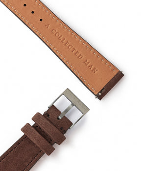 Selling Amsterdam Molequin watch strap dark brown nubuck leather quick-release springbars buckle handcrafted European-made for sale online at A Collected Man London
