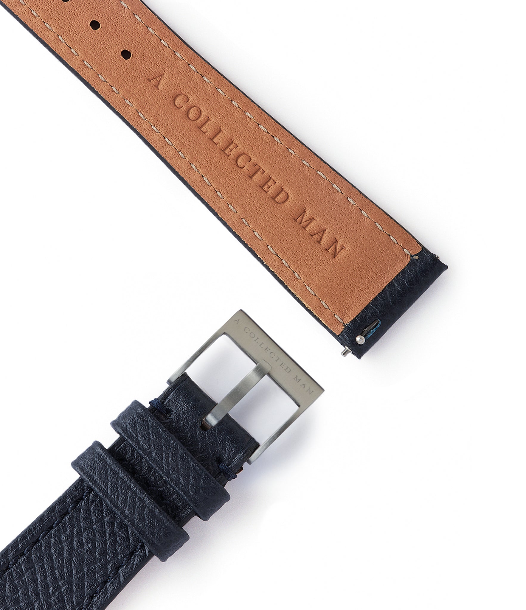 Shop La Rochelle Molequin watch strap grained navy blue calfskin leather quick-release springbars buckle handcrafted European-made for sale online at A Collected Man London