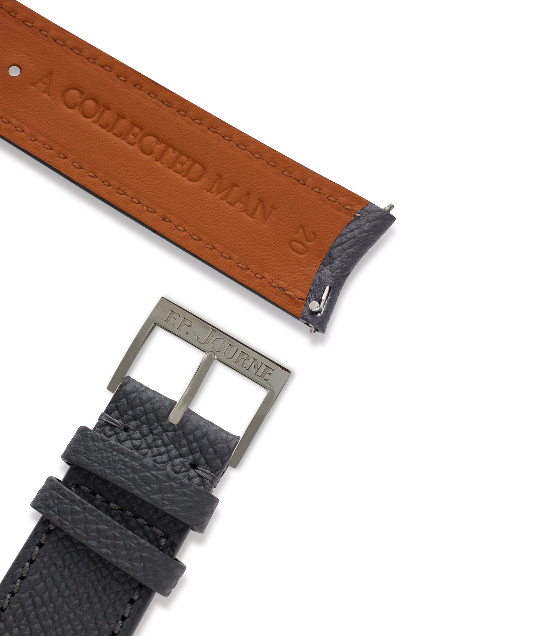 Buy grained leather quality watch strap in misty slate grey from A Collected Man London, in short or regular lengths. We are proud to offer these hand-crafted watch straps, thoughtfully made in Europe, to suit your watch. Available to order online for worldwide delivery.