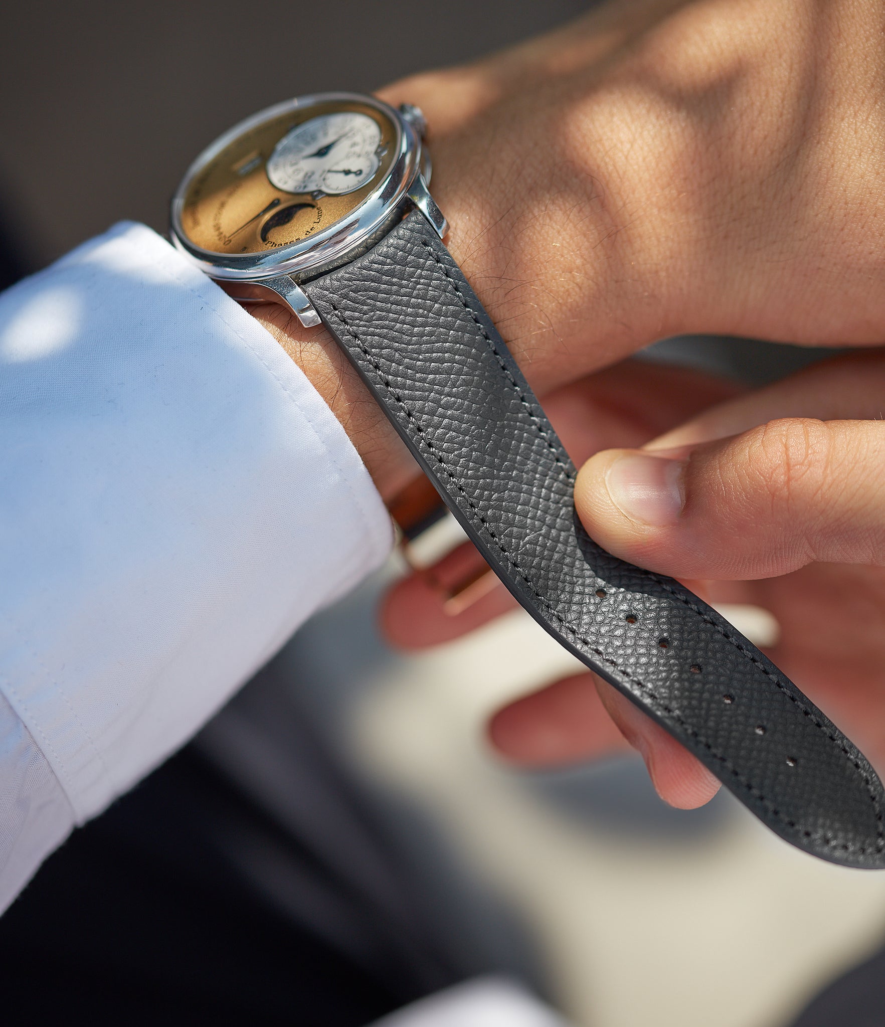 Buy grained leather quality watch strap in misty slate grey from A Collected Man London, in short or regular lengths. We are proud to offer these hand-crafted watch straps, thoughtfully made in Europe, to suit your watch. Available to order online for worldwide delivery.