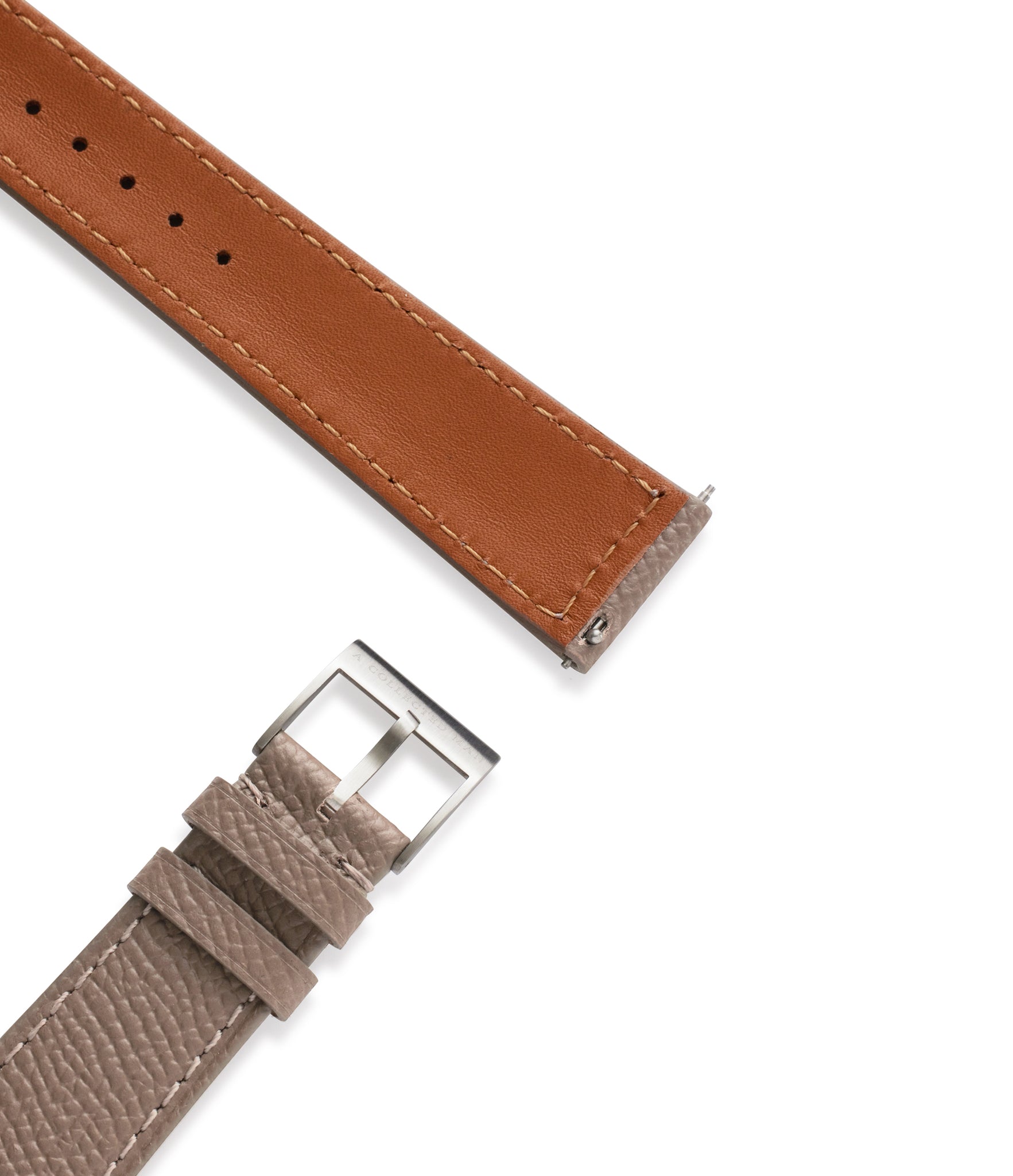 Buy grained leather quality watch strap in truffle taupe taupe from A Collected Man London, in short or regular lengths. We are proud to offer these hand-crafted watch straps, thoughtfully made in Europe, to suit your watch. Available to order online for worldwide delivery.