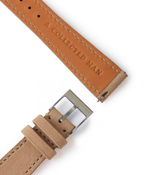 Buy nubuck quality watch strap in sand linen beige from A Collected Man London, in short or regular lengths. We are proud to offer these hand-crafted watch straps, thoughtfully made in Europe, to suit your watch. Available to order online for worldwide delivery.