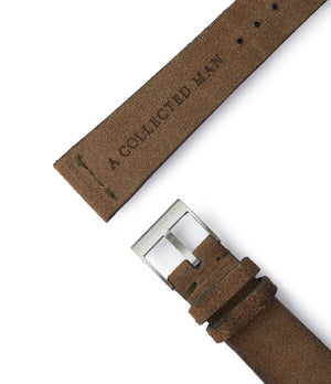 Buy rugged suede quality watch strap in safari khaki brown from A Collected Man London, in short or regular lengths. We are proud to offer these hand-crafted watch straps, thoughtfully made in Europe, to suit your watch. Available to order online for worldwide delivery.
