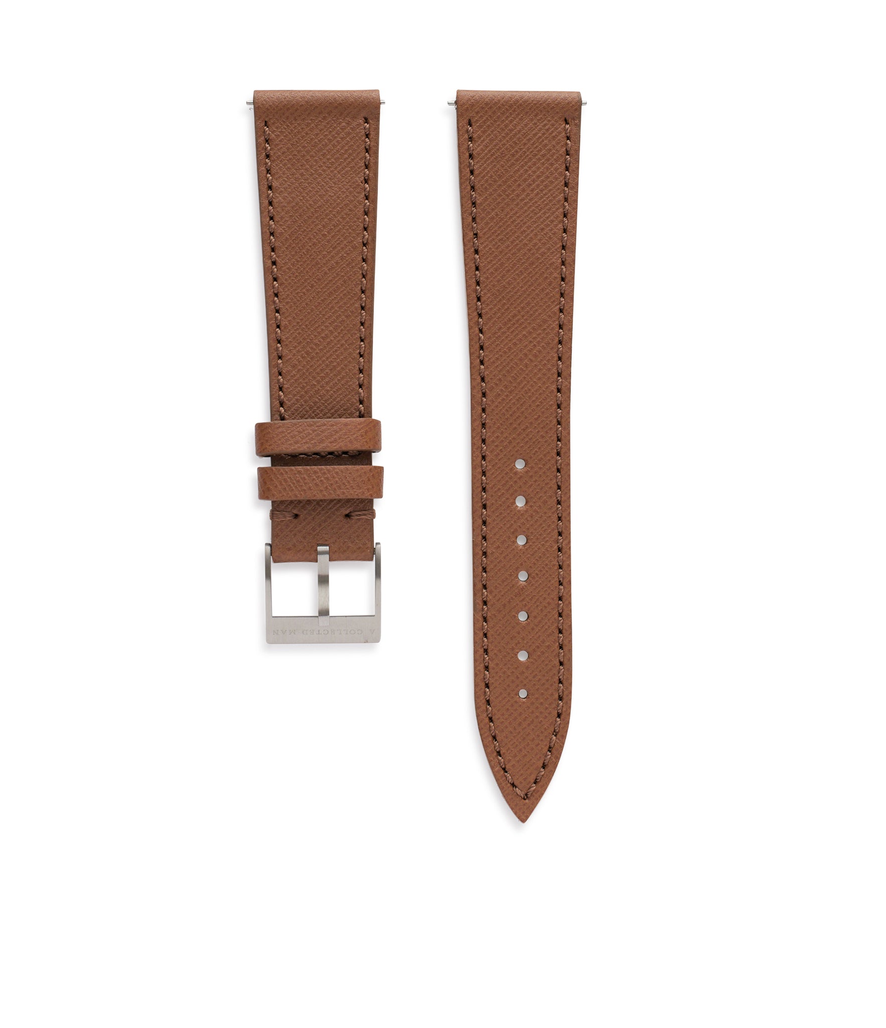 Buy saffiano quality watch strap in burnt cognac brown from A Collected Man London, in short or regular lengths. We are proud to offer these hand-crafted watch straps, thoughtfully made in Europe, to suit your watch. Available to order online for worldwide delivery.
