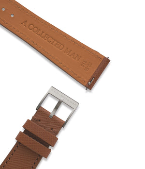 Buy saffiano quality watch strap in burnt cognac brown from A Collected Man London, in short or regular lengths. We are proud to offer these hand-crafted watch straps, thoughtfully made in Europe, to suit your watch. Available to order online for worldwide delivery.