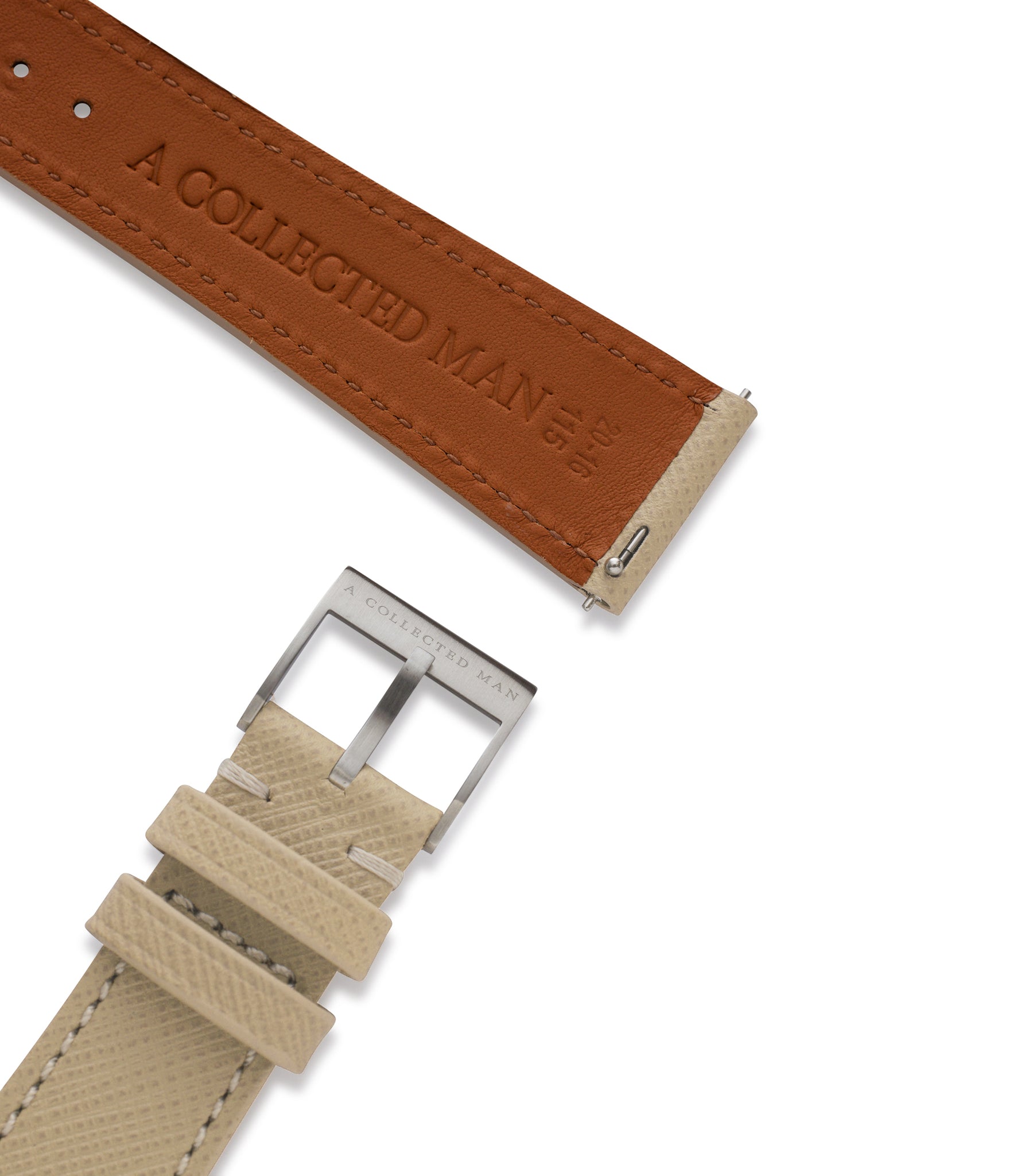 Buy saffiano quality watch strap in desert beige from A Collected Man London, in short or regular lengths. We are proud to offer these hand-crafted watch straps, thoughtfully made in Europe, to suit your watch. Available to order online for worldwide delivery.