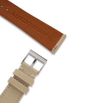 Buy saffiano quality watch strap in desert beige from A Collected Man London, in short or regular lengths. We are proud to offer these hand-crafted watch straps, thoughtfully made in Europe, to suit your watch. Available to order online for worldwide delivery.
