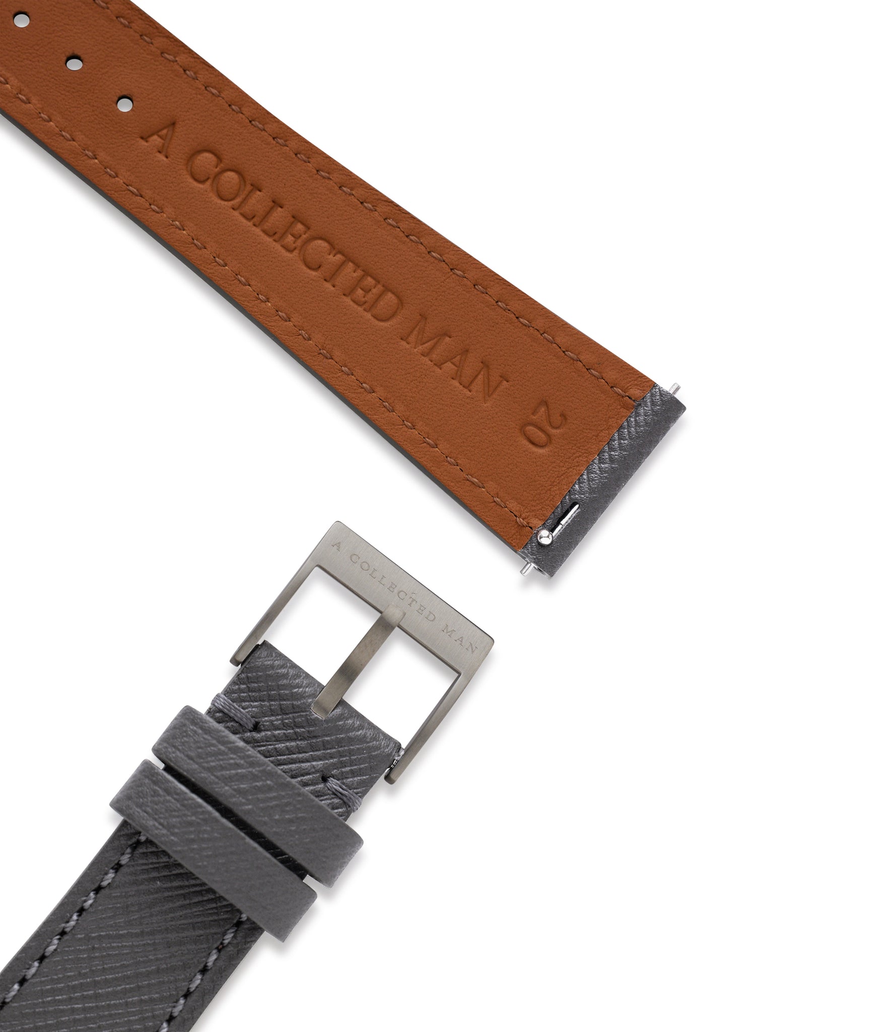 Buy saffiano quality watch strap in smoky quartz grey from A Collected Man London, in short or regular lengths. We are proud to offer these hand-crafted watch straps, thoughtfully made in Europe, to suit your watch. Available to order online for worldwide delivery.