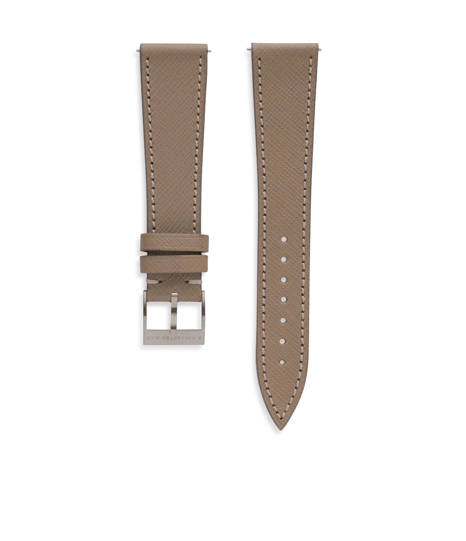 Buy saffiano quality watch strap in driftwood taupe from A Collected Man London, in short or regular lengths. We are proud to offer these hand-crafted watch straps, thoughtfully made in Europe, to suit your watch. Available to order online for worldwide delivery.