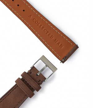 Buy nubuck quality watch strap in bark brown from A Collected Man London, in short or regular lengths. We are proud to offer these hand-crafted watch straps, thoughtfully made in Europe, to suit your watch. Available to order online for worldwide delivery.