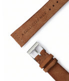 Buy rugged suede quality watch strap in burnt tawny brown from A Collected Man London, in short or regular lengths. We are proud to offer these hand-crafted watch straps, thoughtfully made in Europe, to suit your watch. Available to order online for worldwide delivery.