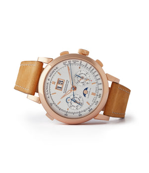 side-shot men's luxury dress watch A. Lange&Sohne Datograph Perpetual Calendar 410.032 pink gold pre-owned dress watch for sale online at A Collected Man London seller rare watches