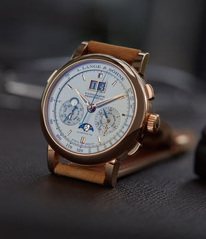 pre-owned A. Lange & Sohne Datograph  Perpetual Calendar 410.032 pink gold pre-owned dress watch for sale online at A Collected Man London seller rare watches