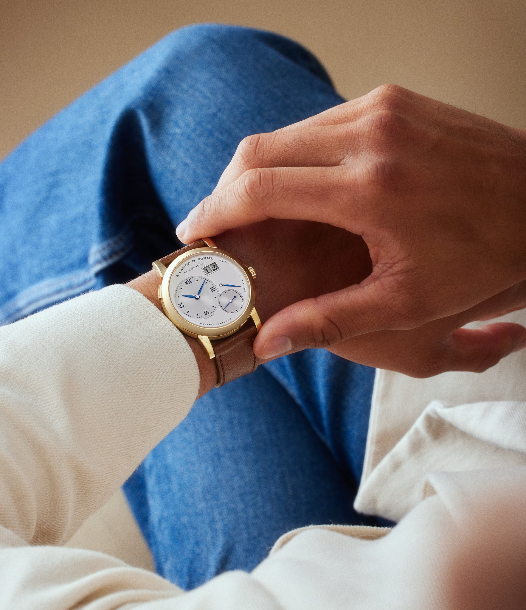 On wrist | A. Lange & Söhne | 110.157 | LANGE 1 | YELLOW GOLD | Available worldwide at A Collected Man