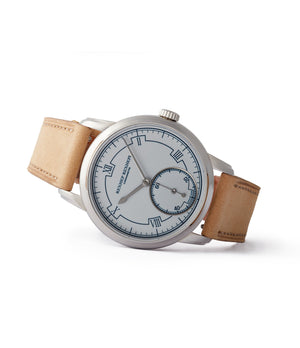 side-shot time-only AkriviA Rexhep Rexhepi Chronometre Contemporain platinum white Grand Feu enamel sector dial dress watch A Collected Man London