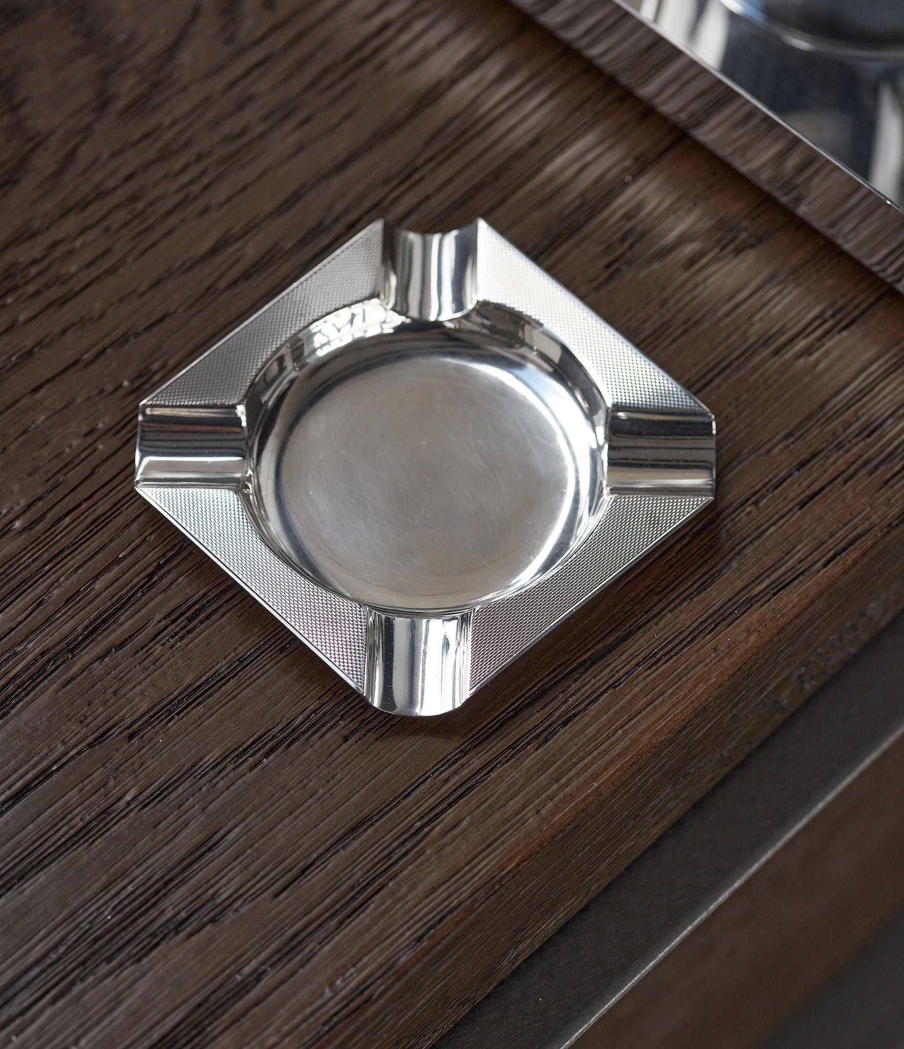 selling Asprey-signed silver ashtray from 1960s with engine-turned pattern for sale online A Collected Man London UK specialist of rare collectable objects