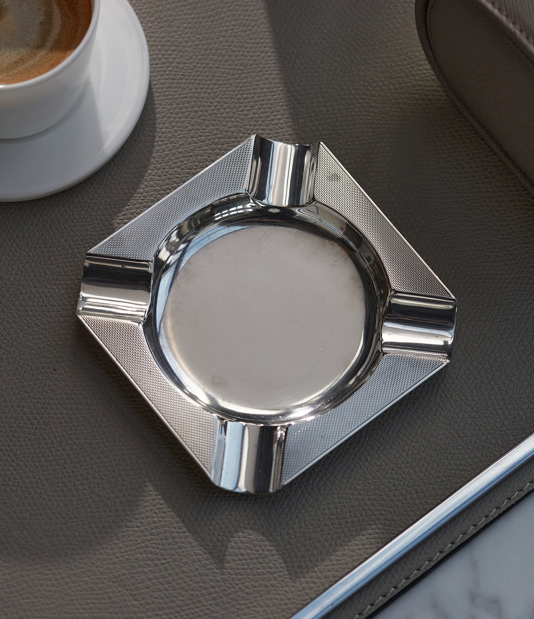 for sale Asprey-signed silver ashtray from 1960s with engine-turned pattern for sale online A Collected Man London UK specialist of rare collectable objects