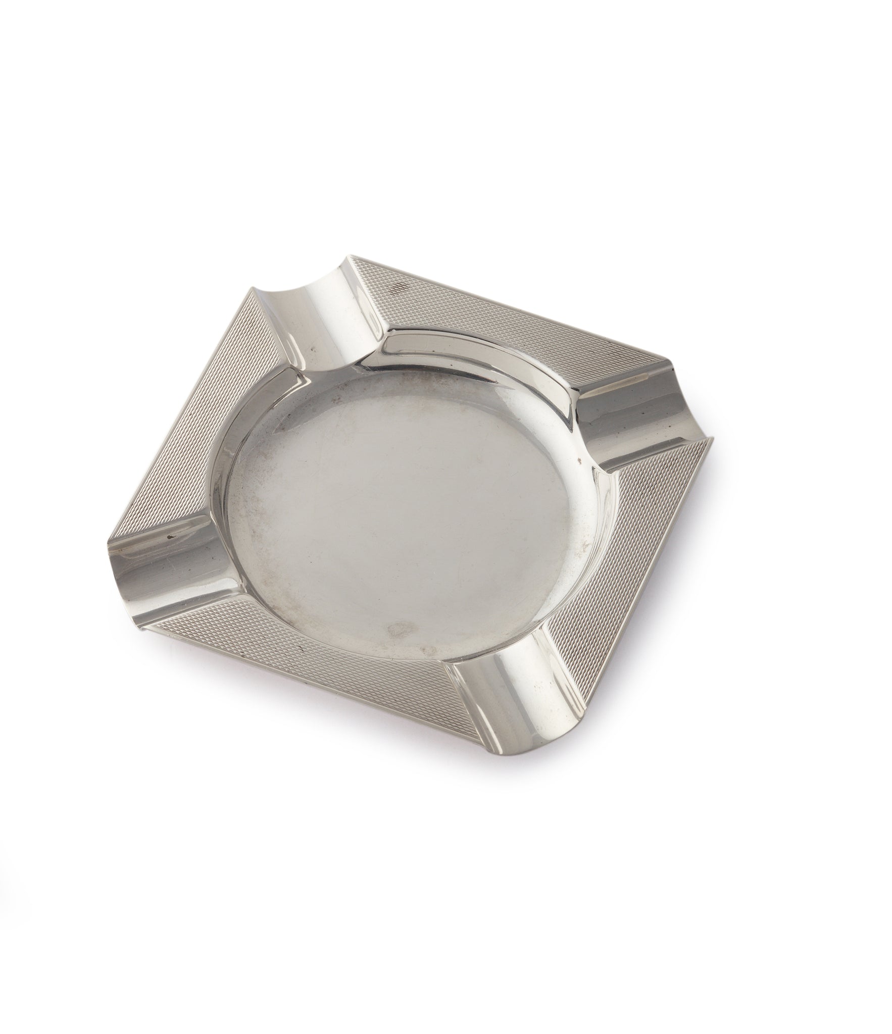 side-shot 1966 Asprey-signed silver ashtray from 1960s with engine-turned pattern for sale online A Collected Man London UK specialist of rare collectable objects