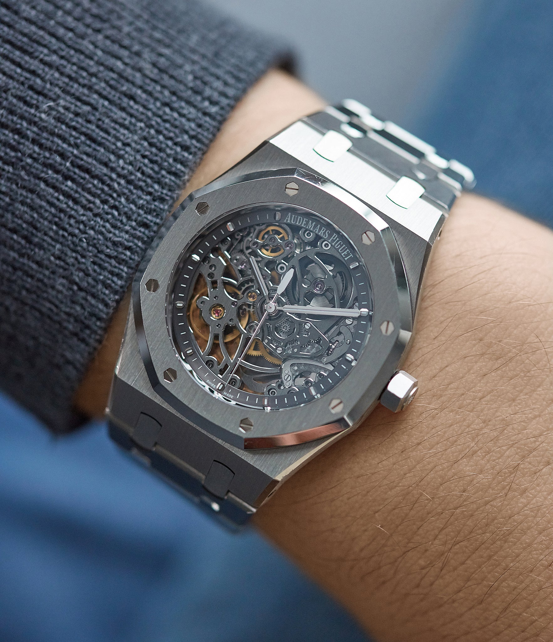 on the wrist Audemars Piguet Royal Oak skeletonised 15305ST steel watch for sale online at A Collected Man London UK specialist of rare watches