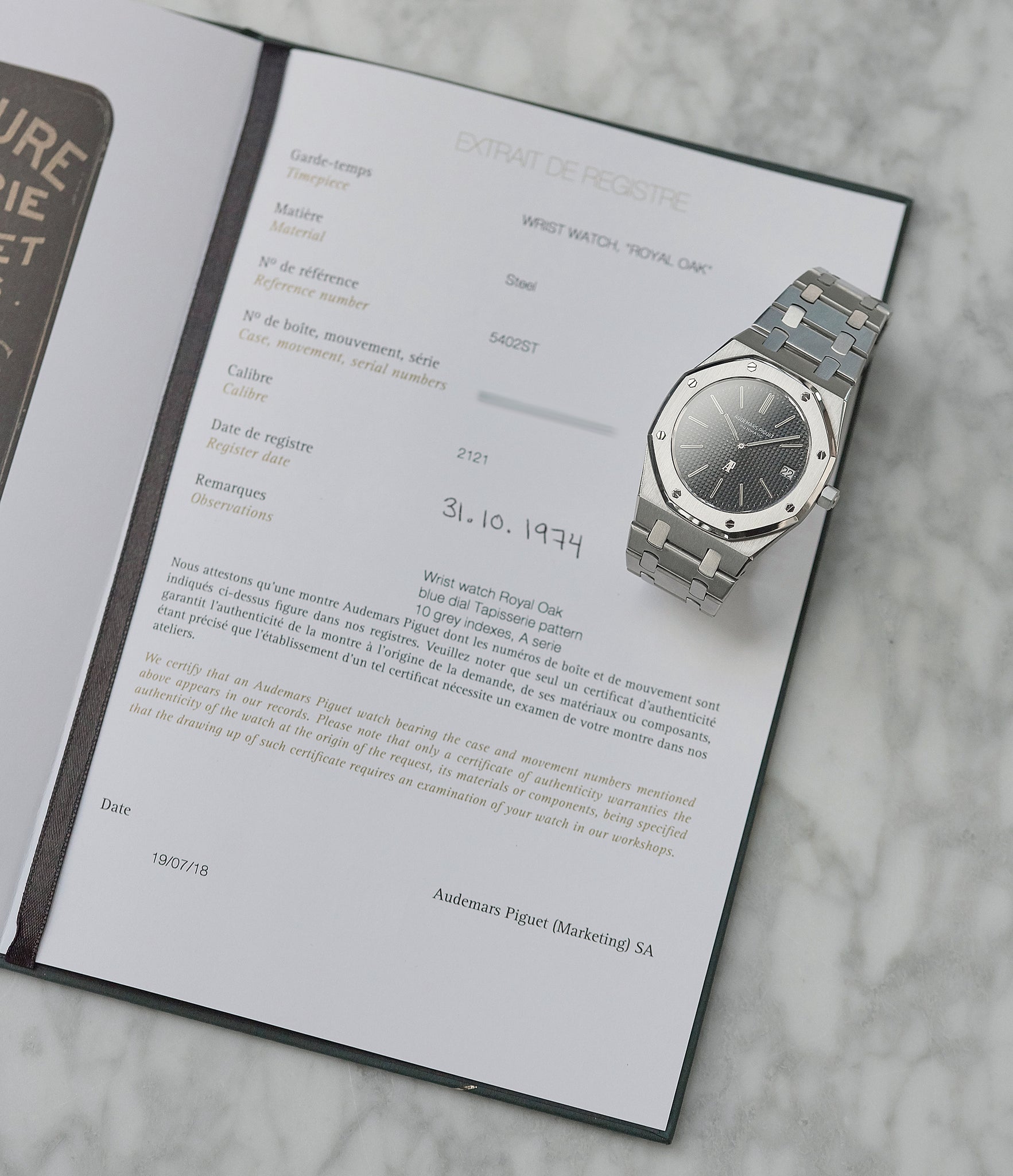 Audemars Piguet archive extract Royal Oak A-series 5402 steel sport watch for sale online at A Collected Man London UK specialist of rare watches