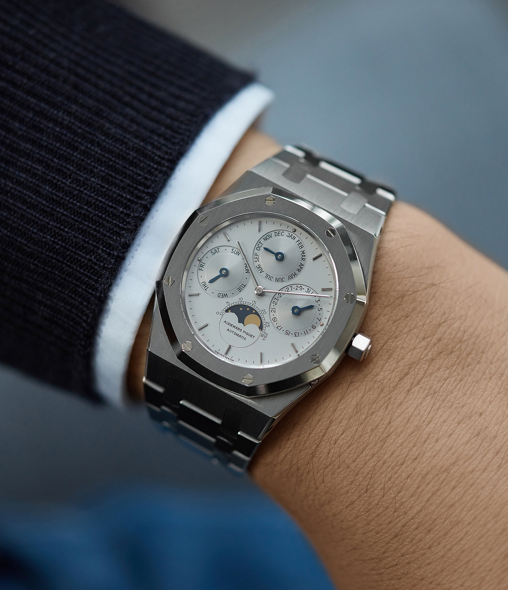 on the wrist Audemars Piguet Royal Oak Perpetual Calendar 25654ST steel vintage watch for sale online at A Collected Man London UK specialist of rare watches