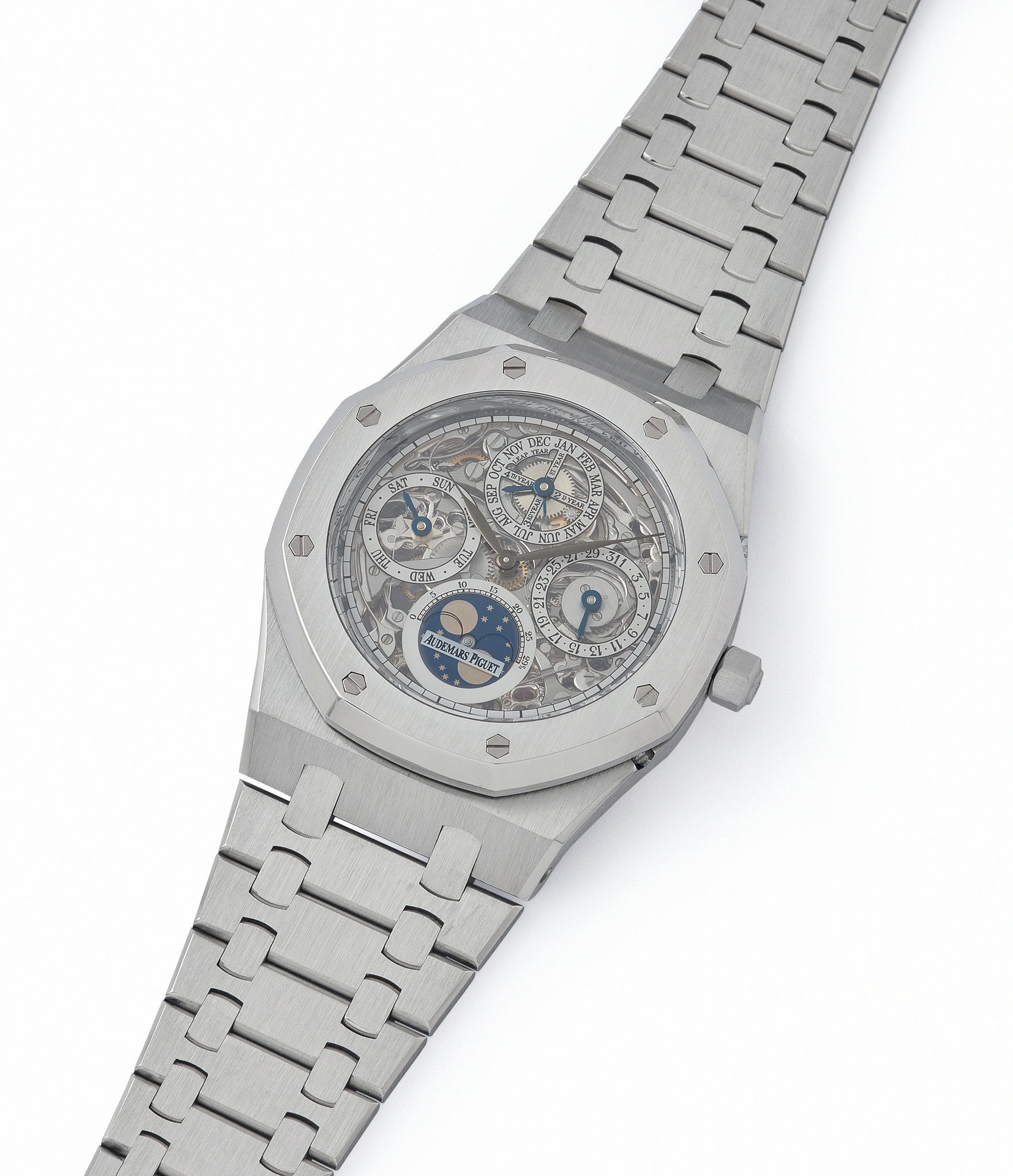 shop Audemars Piguet Royal Oak 25829PT perpetual calendar skeleton dial platinum full set pre-owned watch for sale online at A Collected Man London UK specialist of rare watches