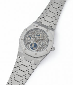 shop Audemars Piguet Royal Oak 25829PT perpetual calendar skeleton dial platinum full set pre-owned watch for sale online at A Collected Man London UK specialist of rare watches