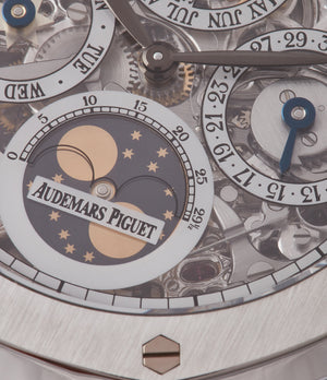 astronomical moon phase Audemars Piguet Royal Oak 25829PT perpetual calendar skeleton dial platinum full set pre-owned watch for sale online at A Collected Man London UK specialist of rare watches