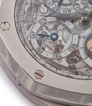skeleton dial Audemars Piguet Royal Oak 25829PT perpetual calendar platinum full set pre-owned watch for sale online at A Collected Man London UK specialist of rare watches