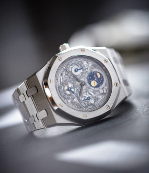 Audemars Piguet Royal Oak 25829PT perpetual calendar skeleton dial platinum full set pre-owned watch for sale online at A Collected Man London UK specialist of rare watches